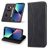 Leaisan Handyhülle für iPhone 13 Mini Hülle Premium Leder Flip Klappbare Stoßfeste Magnetische [Standfunktion] [Kartenfächern] Schutzhülle für iPhone 13 Mini Tasche - Schwarz