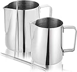 WUWEOT 2 Stück 350 & 600ml Milchkännchen Edelstahl Milch Pitcher Milchaufschäumkännchen Milchaufschäumer Kanne Tasse mit Messmarkierungen und Latte Art Pen für Barista Cappuccino Espresso