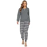 Mnemo Schlafanzug Damen 100% Baumwolle Bequemer Pyjama Damen Baumwolle mit Karomuster (Grau & Schwarz, L)