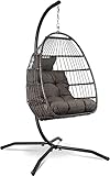 VITA5 Hängesessel mit Gestell - Bequemer Hängekorb Sessel - Rattan Hängesessel Outdoor und Indoor - Boho Egg Schaukel für Terrasse&Leseecke - 150 kg Tragkraft - Dunkel Grau