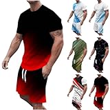 XINYUNZU Trainingsanzug Herren Jogginganzug Kurzarm Sportanzug Freizeitanzug 2 Teiler Casual Outfit Sommer Kurze Hosen + T Shirt Tracksuit Sport Set Hausanzug Männer Sport Kleidung Warehouse Rot M