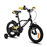 HILAND 16 Zoll Kinderfahrrad für Jungen 3 4 5 6 Jahre mit Stützrädern, Handbremse und Rücktrittbremse Schwarz/Orange