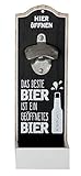 GILDE Wand-Flaschenöffner Metallöffner Kronkorkensammler, Das beste Bier ist ein geöffnetes Bier, Höhe 30 cm, Schwarz/weiß, Holz