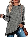 Cuptacc Longshirt Damen Rundhalsausschnitt Langarm Tunika Oberteile Farbabstimmung Sweatshirt 2024 Dunkelgrau XXL 50-54