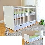 Marsell Baby Gitterbett mit Schublade mit Deckel Babybett Kinderbett mit Aloe Vera Schaumstoffmatratze Zahnschienen höhenverstellbar Weiß umbaubar zum Juniorbett