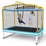 COSTWAY 3 in 1 Kindertrampolin, Gartentrampolin rechteckig mit Schaukel, Reckstange, Fitness Trampolin mit Sicherheitsnetz & Randabdeckung, Indoor-/Outdoortrampolin 190 x 124 x 222 cm (Blau + Gelb)