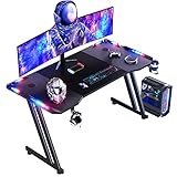 HLONONE 120 x 60cm Gaming Tisch, Gaming Schreibtisch mit LED, PC Tisch Gaming mit Kohlefaseroberfläche, Stabiler Computertisch für Gaming mit Kopfhörerhaken und Getränkehalter, Schwarz