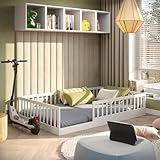 CADANI Timi 2in1 Bodenbett 120x200 cm Montessori Kinderbett mit abnehmbaren Rausfallschutz inkl. Lattenrost, Kiefer Massivholz, weiß - 3 Aufbauvarianten, bis 200 kg belastbar, umbaubar
