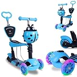 Habib Gruppe 5-in-1 Kinderroller mit Rückenlehne für Jungen und Mädchen - Abnehmbarer Sitz, LED-Räder, Höheverstellbarer Lenker, Tretroller - Kinder Roller Outdoor Spiel, für 2-8 Jahre Kinder - Blau