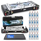 ZMC Camping Gaskocher 2-flammig inkl. Adapter für LPG Anschluss + Grillplatte 45x24 cm + 16 Gaskartuschen 227g + Aufbewahrungskoffer, Campingkocher mit Piezozündung für Outdoor und Innenraum