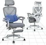 FLEXISPOT Ergonomischer Bürostuhl, X-förmiger Schreibtischstuhl mit 135°-Neigung, Gekoppelte Armlehnen mit zonenweise Einstellbarer Lendenstütze, Drehstuhl mit Fußstütze, 3D-Kopfstütze, Weiß-Grau