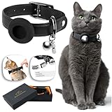 AirTag Katzenhalsband mit Sicherheitsverschluss Elastische Band: Apple AirTag Halsband Katze Leder. Sicheres Katzenhalsband mit Namen, Glocke GPS Katzenhalsband mit GPS Tracker Katze (Schwarz, Groß)