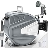 tillvex Schlauchtrommel Wasser 30+2m mit Wandhalterung + Tragegriff | Schlauchaufroller mit Handbrause und Gartenschlauch | 180° Schwenkbar | Wand-Schlauchbox mit Aufroll-Automatik | Grau