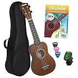 CASCHA Sopran Ukulele Set für Kinder und Erwachsene I Starter Kit mit 3 Plektren Tasche Lehrbuch Lernvideos über QR-Code Stimmgerät I Set Aquila Saiten Nylon I Kleine Hawaii Gitarre Braun