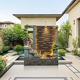 Wasserbrunnen aus Kunstharz, kaskadierend, mit LED-Lichtern, Nebelfunktion und Wasserrad, Zen-inspirierte Dekoration für Innen- und Außenbereich, mit Kiefernbaum, Zerstäuber und gestufter Durchfluss