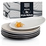 Moritz & Moritz 6tlg Swing Dessert Teller Set 6 Personen 21,5 x 18,5 cm – Keramik Geschirrset als Kuchenteller, Frühstücksteller oder Dessertteller grau – Made in Portugal