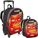 2 TLG. Set: Kinder Trolley & Rucksack - Disney Cars - Auto - Lightning McQueen - inkl. Name - 3D Effekt - wasserabweisend & beschichtet - für Mädchen & Jungen..