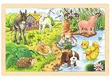 Goki 57890 Einlegepuzzle Tierkinder II aus Holz, Holzpuzzle mit kleinen Tieren, Lernspielzeug und Kinderpuzzle, fördert Fantasie und Motorik der Kinder, 30cm x 20cm, 24er Set, ab 3 Jahre
