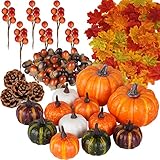 Miaikoe 162 Pcs Herbst Künstliche Ahornblätter, Ernst Kürbisse, Eicheln, Kiefernzapfen und Orange Beere Stämme Set für Herbst Thanksgiving Halloween Feiertagsparty Dekoration