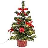 Idena 31486 - Deko-Weihnachtsbaum mit 20 LED in Warmweiß, ca. 25 cm hoch, mit rotem Baum-Schmuck im Topf und USB-Anschluss, Deko für Innen, als Winter-, Advents- und Weihnachtsdeko