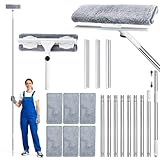 3,85m Teleskop Fensterwischer Set, 2 in 1 Profi Fensterputzer Set, Teleskopstange Fensterreinigung mit Fensterabzieher und Mikrofasertuch für Hohe Fenster Im Innen und AußEnbereic, Glastür Reinigung