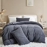 Menkala Plüsch Bettwäsche 200x200 Dunkelgrau Winter Warm Teddy Fleece Flauschig Plüschbettwäsche Unifarben Flanell Cashmere Touch Wende Bettbezug mit Reißverschluss und 2 Kissenbezug 80x80cm