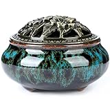 Keramischer Räuchergefäß mit Räucherstäbchenhalter + Isolierung für Räucherstäbchen oder Räucherspiralen, Salbeikegel und Weihrauch (Gebranntes Blau)