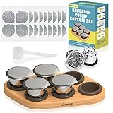 Capmesso Wiederverwendbare Kapseln für OriginalLine, 6pcs Nachfüllkapseln Edelstahl Kaffeekapseln Kompatibel mit Originaline Maschine (6 Kapseln+100 Deckel+ Holzablage)