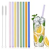 8 Farbige Strohhalme Glas, Glas Strohhalme Mehrfarbig Gerade, Bunt Wiederverwendbar Strohhalme Glas, Gerade Glas Trinkhalme mit 2 Reinigungsbürsten, Strohhalme Glas Farbige für Cocktails Smoothies