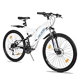 Hiland 26 Zoll Mountainbike Rad Vollfederung Mountain Bike Fully Shimano 21 Gang Fahrrad mit Rahmenpaket Schutzblech Federgabel Scheibenbremsen MTB für Herr Damen Jungen Mädchen Weiß Blau