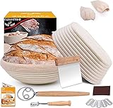 Gärkorb Brot Banneton Gärkörbchen Set, 25 cm Zoll rund & 24 cm oval Brot Gärkorb Natur Rattan Gärkorb zum Brotbacken Sauerteig mit Teig Schneebesen + Teigschaber + Brot Lame + Cloth Liner