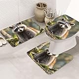 COWMGHLDFL Badezimmerteppich-Set, 3-teiliges Badematten-Set, rutschfeste Badematte, Wald, Waschbär, Tier, Badteppich, waschbar, Badezimmermatten für Heimdekoration, Teppich für Dusche
