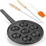 WUWEOT Aebleskiver Pfanne aus Gusseisen, 5,1 cm, Poffertjes dänische Pfannkuchenbälle, Grillplatte, 7 Löcher, robuste Antihaftbeschichtung, Ebelskiver-Pfanne, Halbkugel-Takoyaki-Maker mit Drehstäben