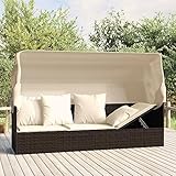 Rantry Gartensofa mit Sonnendach und Kissen Gartenliege Möbel mit Sonnenschutz Sofabett Sonnenliege Sofa Bett Gartenliege Möbel Gartensofa Braun und Cremeweiß Poly Rattan