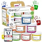 Krevo Art Fingermalfarben, Fingerfarben für Kinder, 6 leuchtkräftige und deckende Farben je 60ml, Auswaschbar, Vermalbar mit Pinsel, Schwamm, Fingern und Füßen