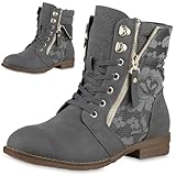 VAN HILL Damen Schnürstiefeletten Spitze Stiefeletten Zipper Worker Boot Flandell® 610583 Grau 39