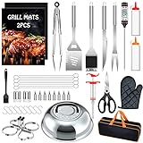 Grill-Zubehör, Grill-Set, 46-teiliges Edelstahl-Grillwerkzeug-Set für Blackstone mit Thermometer, Spatel, Backabdeckung, Grillmatten, Tragetasche für Camping, flache Oberseite, Camping-Kochutensilien