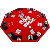 GAMES PLANET Faltbare Pokerauflage „Full House“ für bis zu 8 Spieler, achteckig, Maße 120x120 cm, MDF Platte, 8 Getränkehalter, 8 Chiptrays, rot