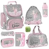 Familando Ballerina Mädchen Schulranzen Set 8 TLG | Ranzen 1. Klasse | Schultasche mit Sporttasche, Brotdose, Trinkflasche und Regenschutz | Ballett Princess