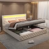 Kehun Polsterbett Doppelbett 180x200 mit LED-Kopfteil, Hydraulisches Bett mit Stauraum, Stauraumbett Bettgestell mit Hydraulische Metallrahmen und Lattenrost aus Holz, Weiß, PU, Ohne Matratze
