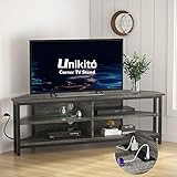 Unikito Eck-TV-Ständer mit Steckdose, Eck-Entertainment-Center-TV-Konsolentisch mit 4 offenen Aufbewahrungsschränken, Holz-TV-Ständer für Wohnzimmer, Eck-TV-Ständer bis zu 55 Zoll Fernseher, schwarze