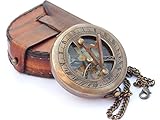 Neovid Messing-Sonnenuhr-Kompass zum Aufklappen – Steampunk-Zubehör – Antik-Finish – mit Lederetui und Kette – schönes handgefertigtes Geschenk