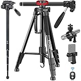 EVUMO Stativ Kamera 167cm, Aluminium Kamera-Stativ mit 90 Grad Schwenkbarer Mittelsäule, Monopods Funktion Kamerastativ Dreibein-Stative Für DSLR Camcorder, Tripods Fernbedienung, Tragfähig 5kg