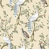VEELIKE Tapete Pfauen Beige Chinoiserie Tapete Blumen Beige Vogel Mustertapete Blumentapete Fototapete Selbstklebend Möbelfolie Muster Tapeten Wohnzimmer Schlafzimmer Badezimmer 44.5 cm × 300 cm