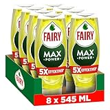 Fairy Max Power Zitrone Handgeschirrspülmittel 8x545ml, effektive Formel für sauberes Geschirr und Fettlösekraft bei fettigsten Töpfen und Pfannen, Flasche mit Auslaufschutz