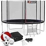 Hop-Sport Trampolin Outdoor Ø 430 cm – Gartentrampolin Komplettset mit stabilen U-Beinen, außenliegendem Netz, Sprungtuch und Leiter sowie Extra-Zubehör, schwarz/blau