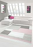 Traum Teppich Designerteppich Moderner Teppich Wohnzimmerteppich Kurzflor Teppich mit Konturenschnitt Karo Muster Pastellfarben Rosa Beige, Größe 200x290 cm