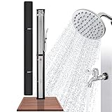 Arebos Solardusche 60 L mit Handbrause & Thermometer Wassertemperatur bis zu 60°C Pooldusche runder Duschkopf Snap-In Inkl. Abdeckhaube&Bodenplatte in Holzoptik I Schwarz-Silber