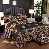 Bettwäsche 135x200 cm Schwarz Gold Seide Satin Bettbezug Set 2teilig Glatt Glänzend Wendebettwäsche Microfaser Zweiteilig Jacquard Blumenmuster Bettwäschegarnitur Einzelbett mit Reissverschluss