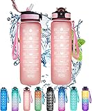 1 Liter Trinkflasche mit Strohhalm, 100% BPA freie Tritan Wasserflasche, 1000ml Sport Trinkflasche mit Zeitmarkierung, 1L Wasserkrug Rosa